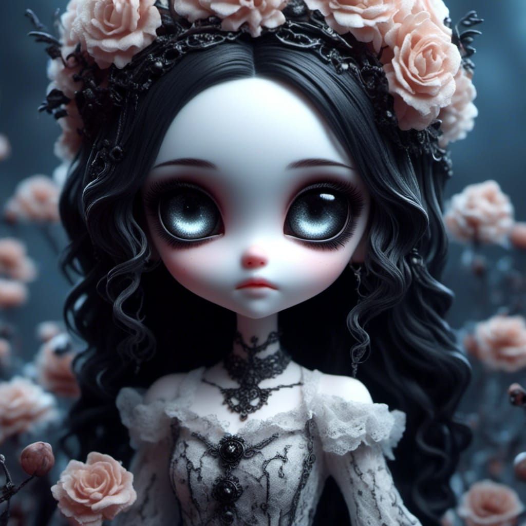 Gothic Chibi Girl with Skull Flower Face, Tim Burton Style