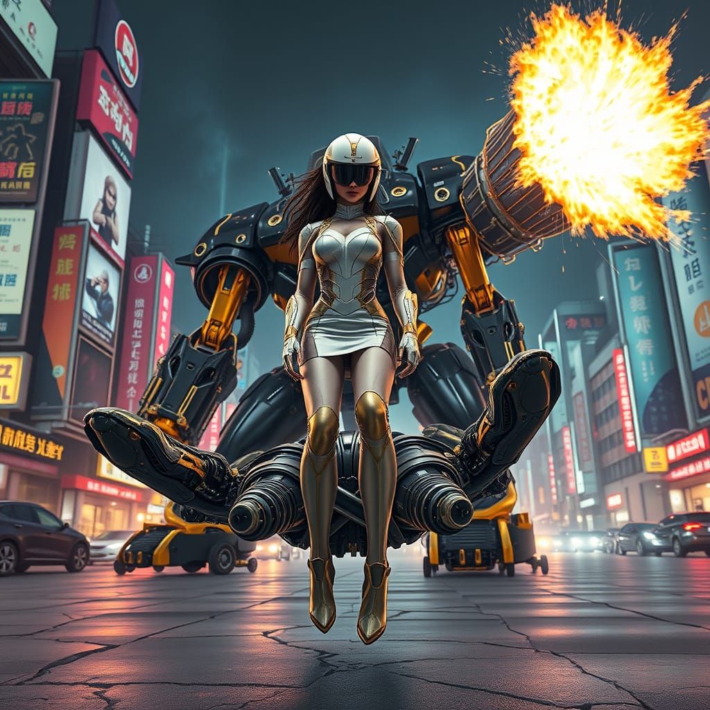 Cyberpunk Goddess on Mech in Neon Taipei