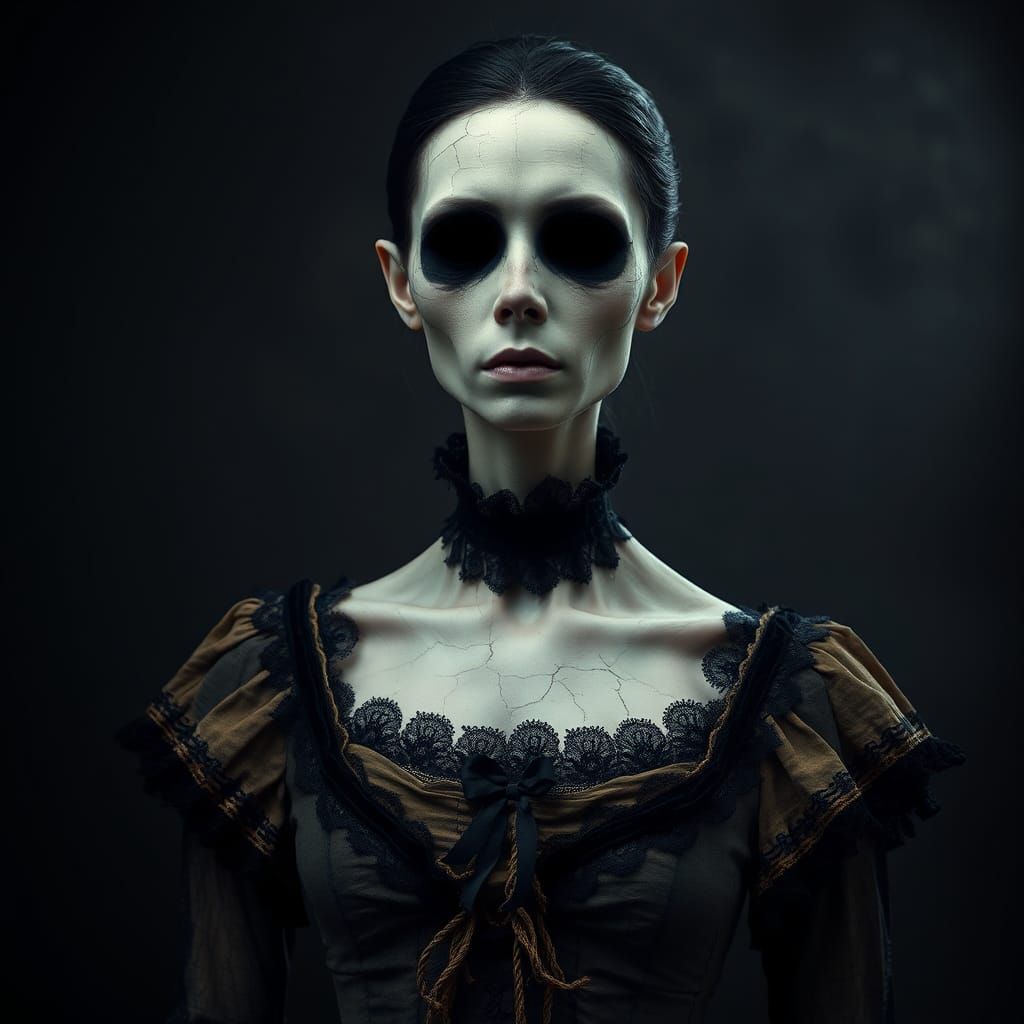 A woman with long, dark hair and tattered, Victorian-era att...