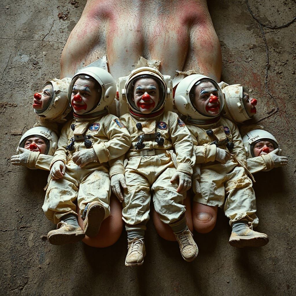 Surreal Clown Astronauts Form Toes of Giant Foot