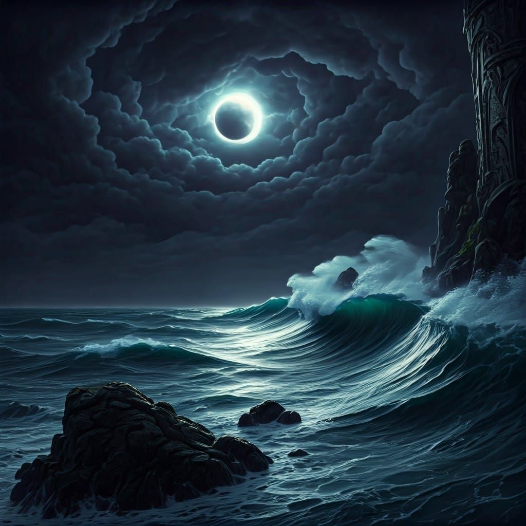 Ominous Black Moon Over Stormy Sea in High-Fantasy Style