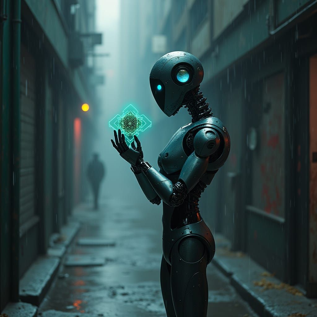 Sleek Robot in Neon Alleyway at Night