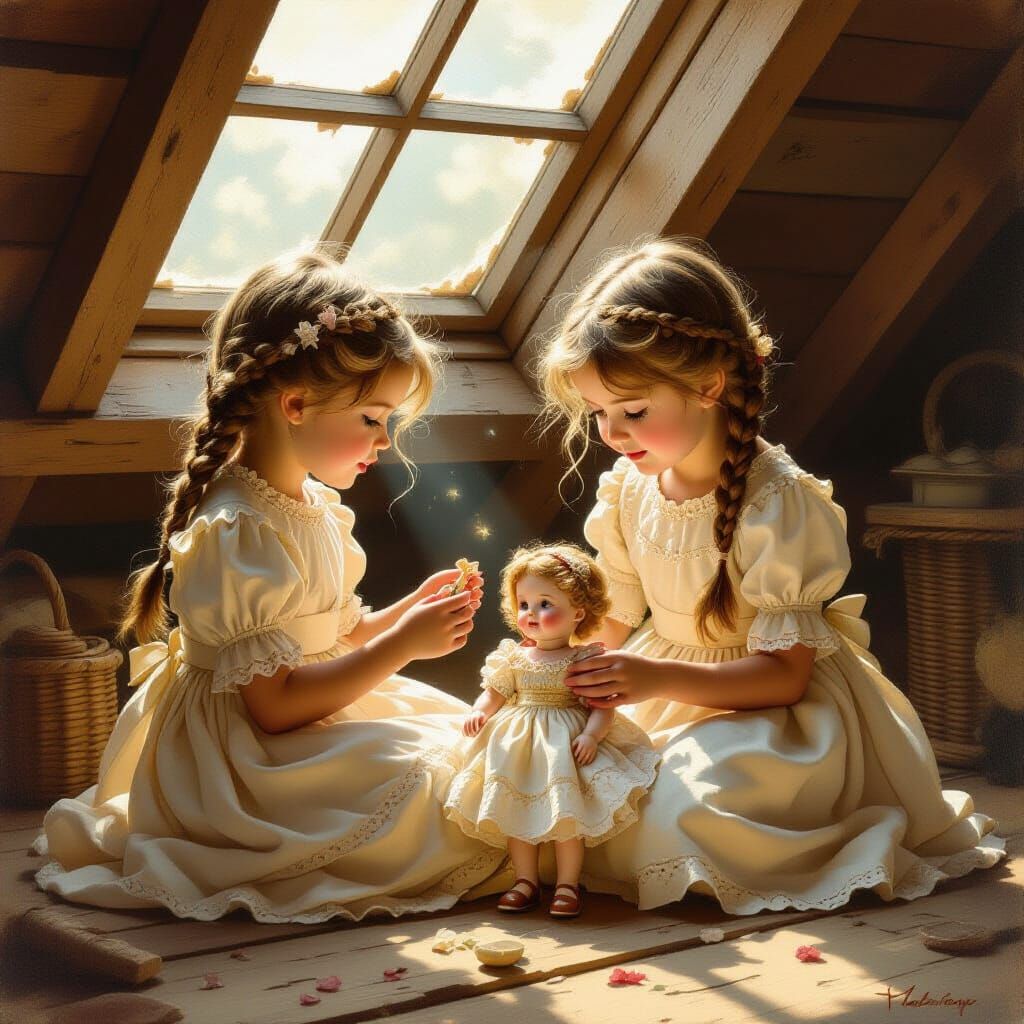 Girls with Dolls in Attic, Oil Painting