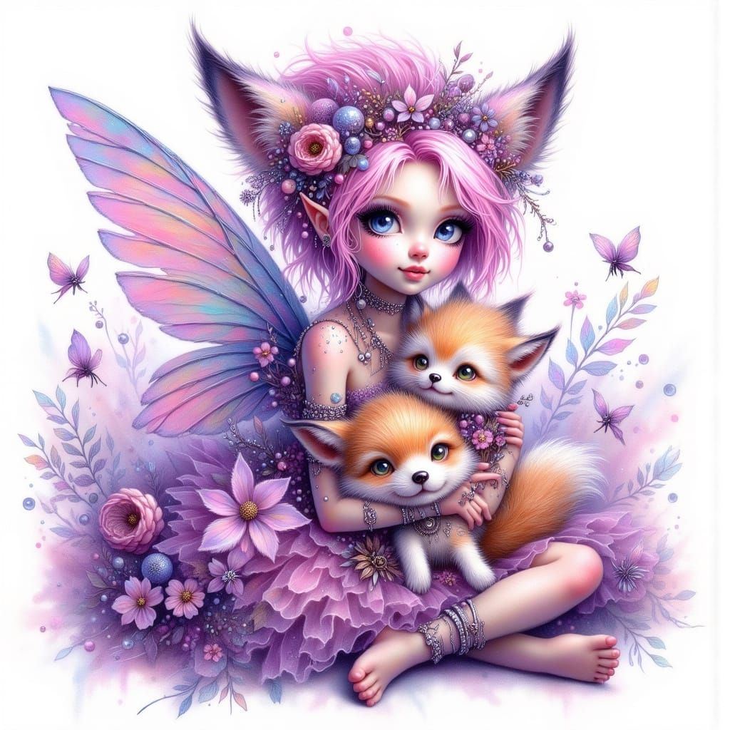 Fairy Punk Dryad with Fox Cub, Watercolor Style