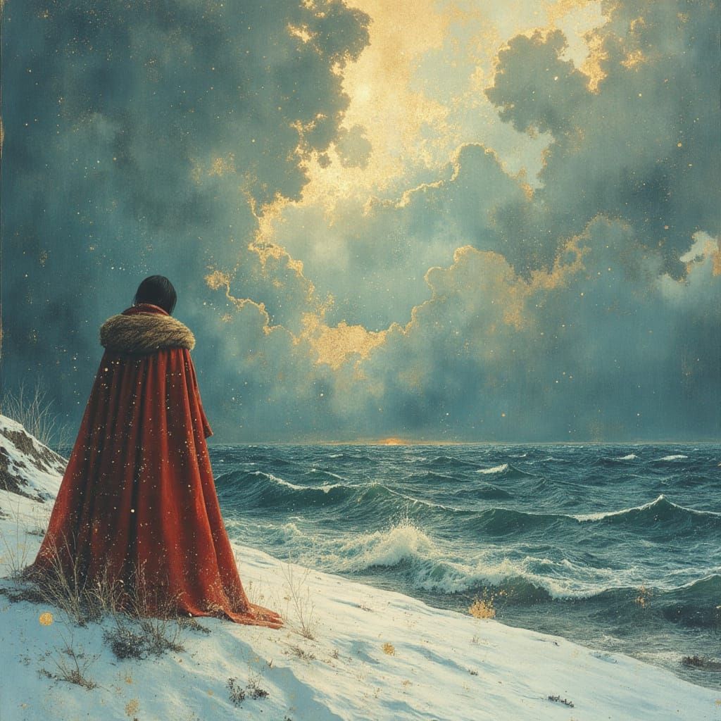 Lone Figure with Prism on Icy Beach