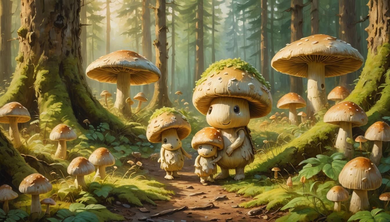 Mushroom People in Forest, Impressionist Oil Painting
