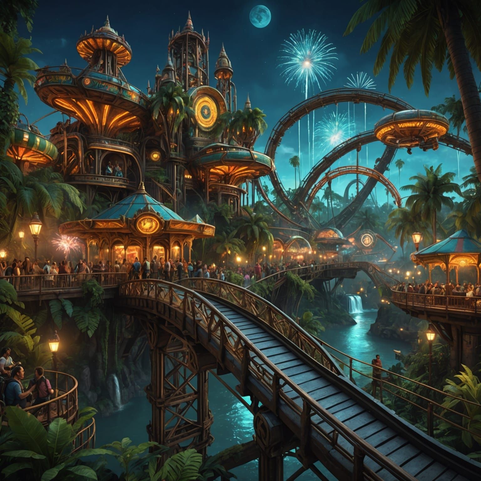 Aztec Alien Theme Park Rollercoasters at Night