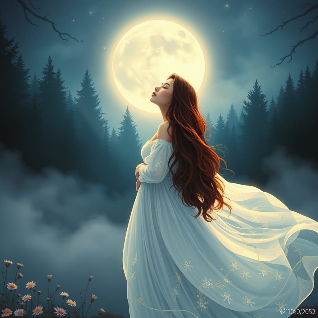 Ethereal Woman Embracing Moonlit Night in Dreamlike Landscap...