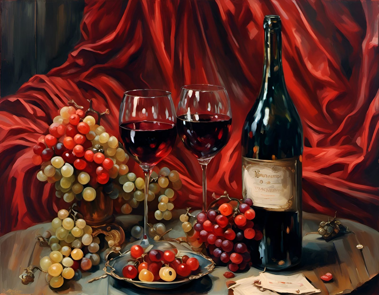 Rouge Noir Wine Still Life in Chiaroscuro Style