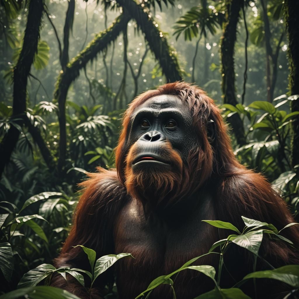 Cinematic Orangutan Portrait in Lush Jungle