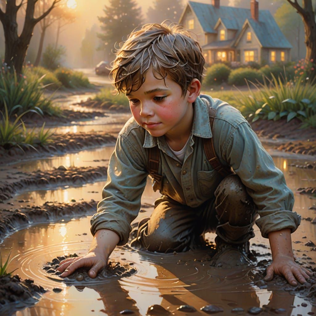 Boy Plays in Mud Puddle in Ethereal Fantasy Style