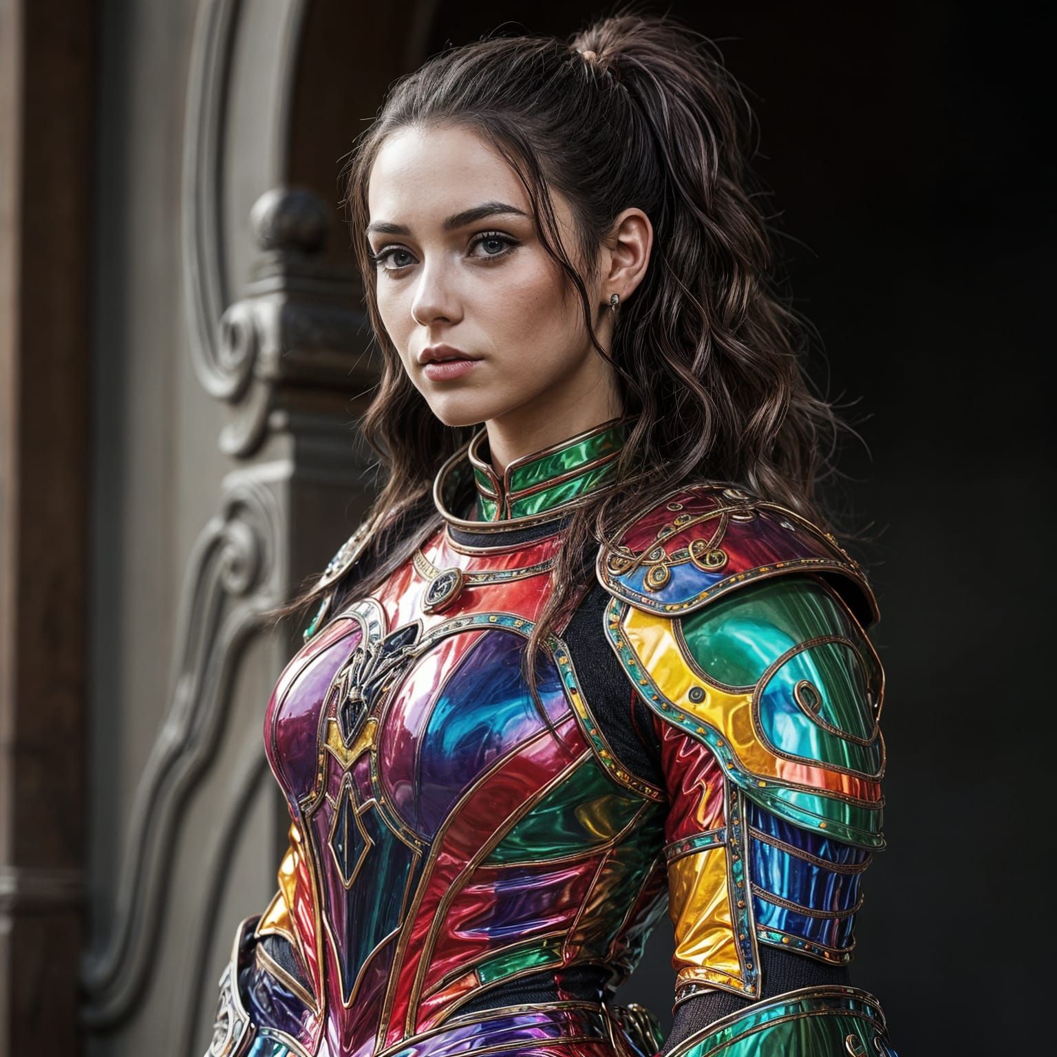 Beautiful Woman in Colorful Latex Dress