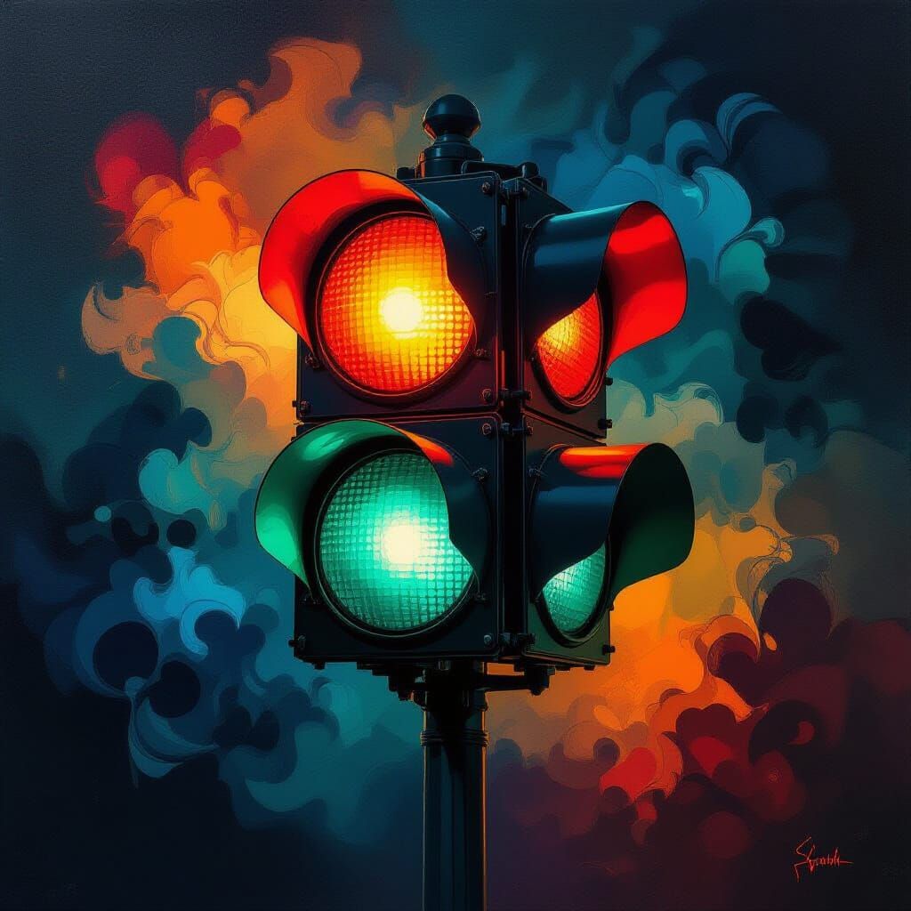 Abstract Traffic Light Composition in Surrealist Style