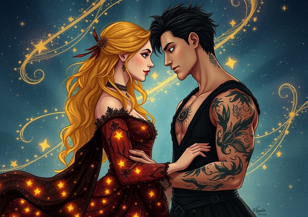 Fairytale Couple in Starlight Gown Illustration