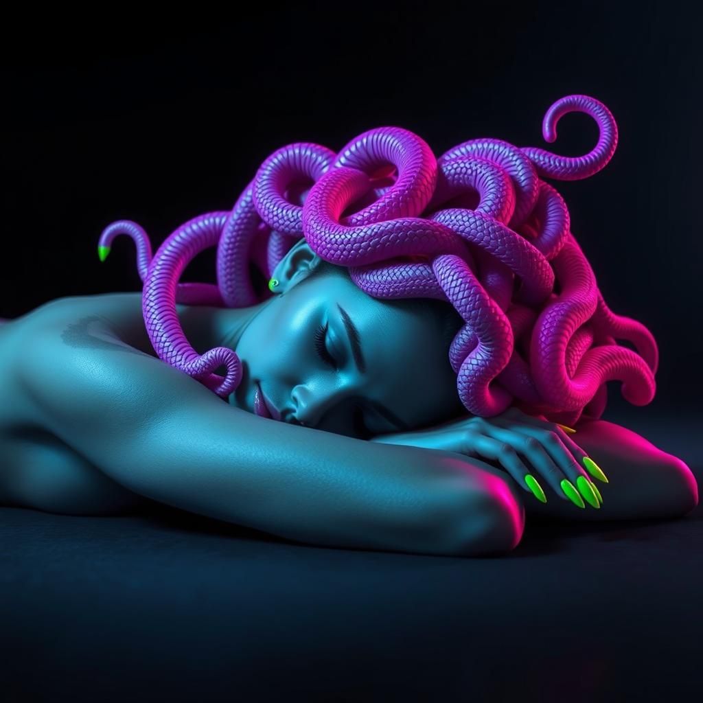 Contemplative Woman with Neon Snake Hairstyle