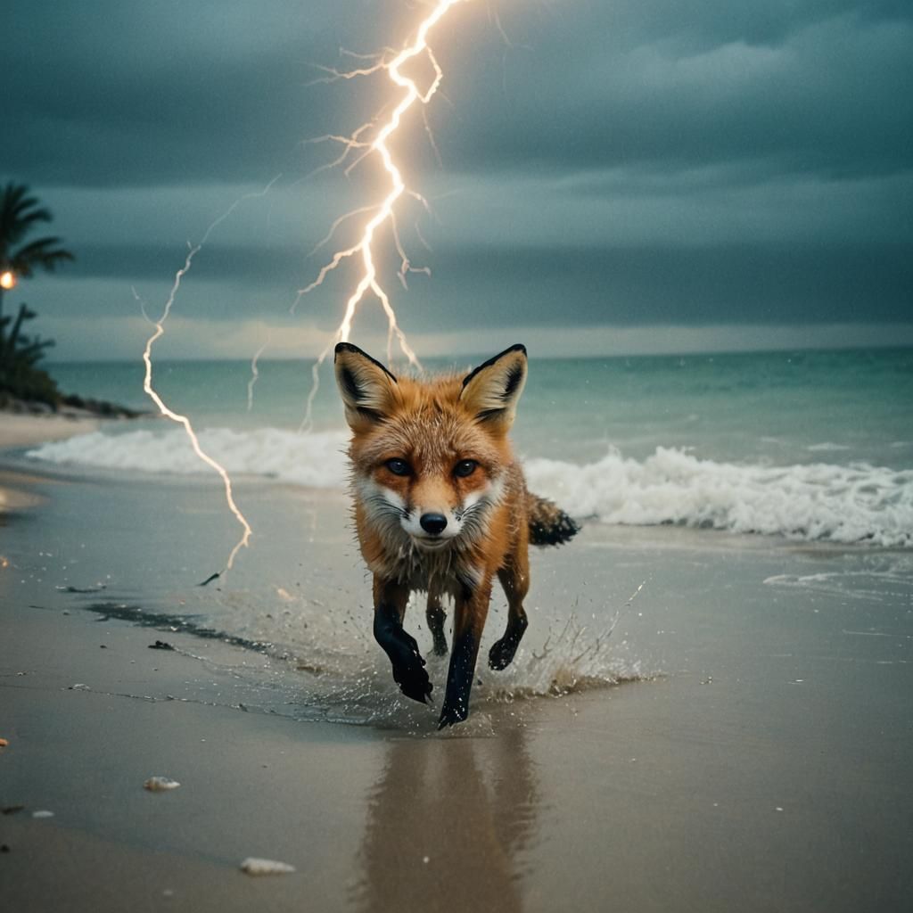 Fox Emerges from Ocean During Lightning Storm