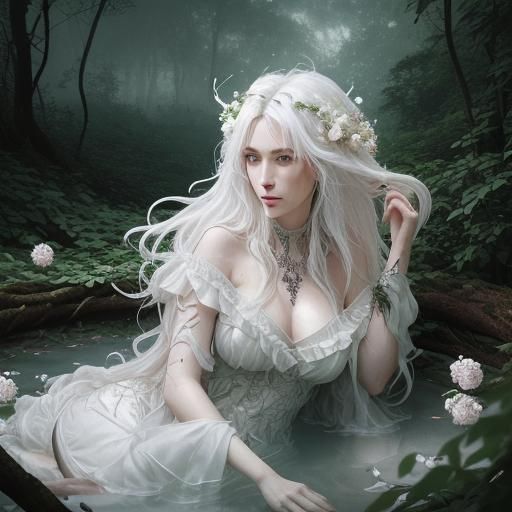 Mystical Woman in Forest Rain Pool, Photorealistic