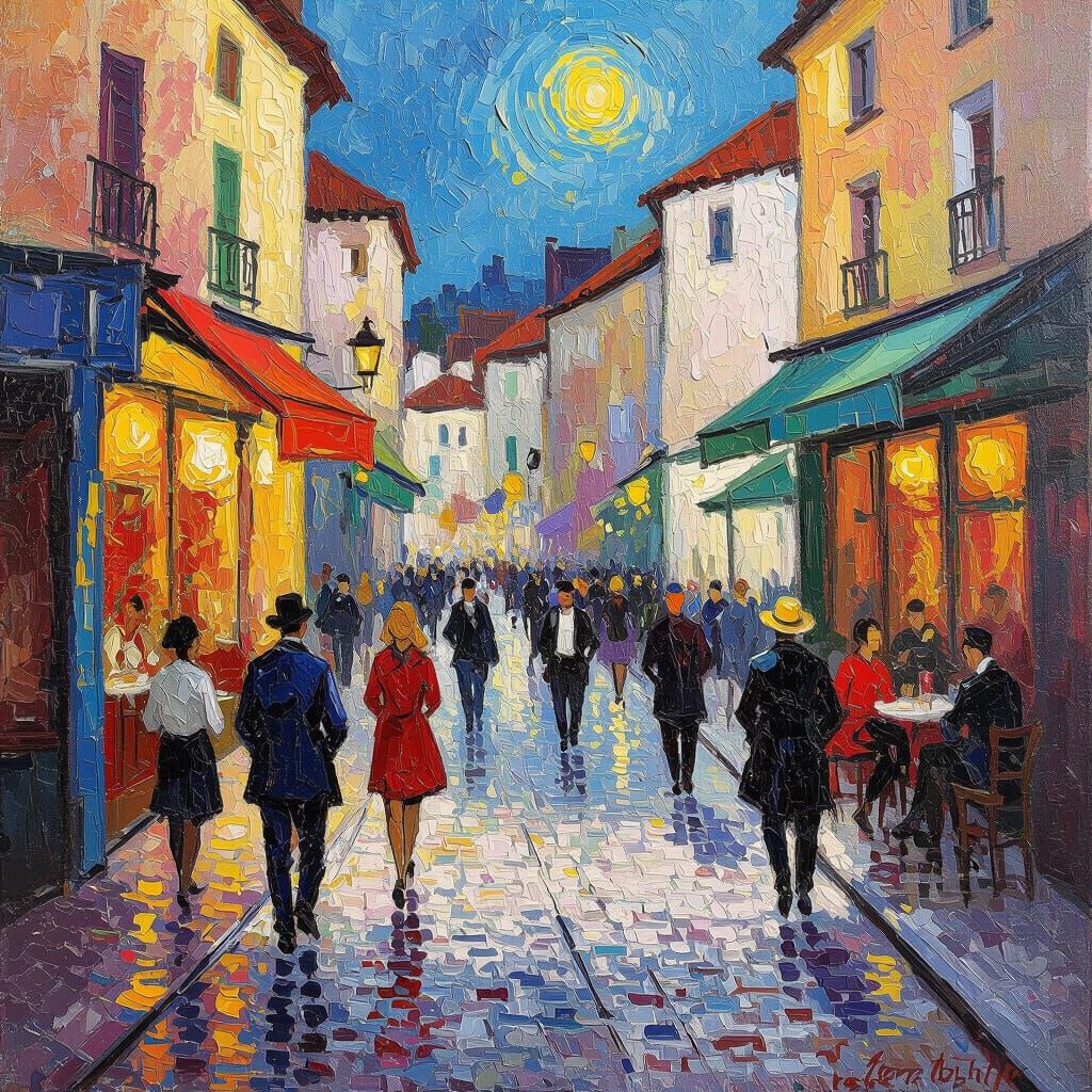Vibrant Street Scene Oil Painting in Neo-Impressionist Style