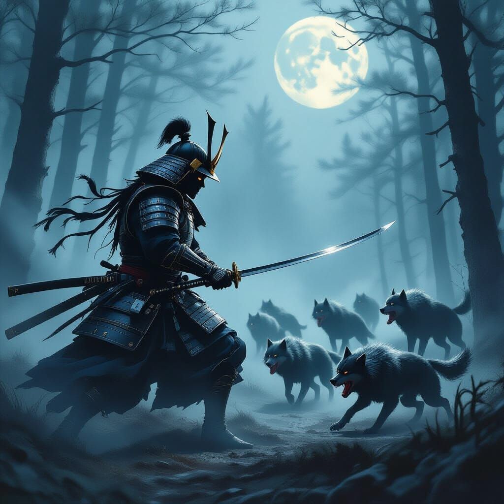 Samurai Battles Blood Wolves in Gritty Comic Style