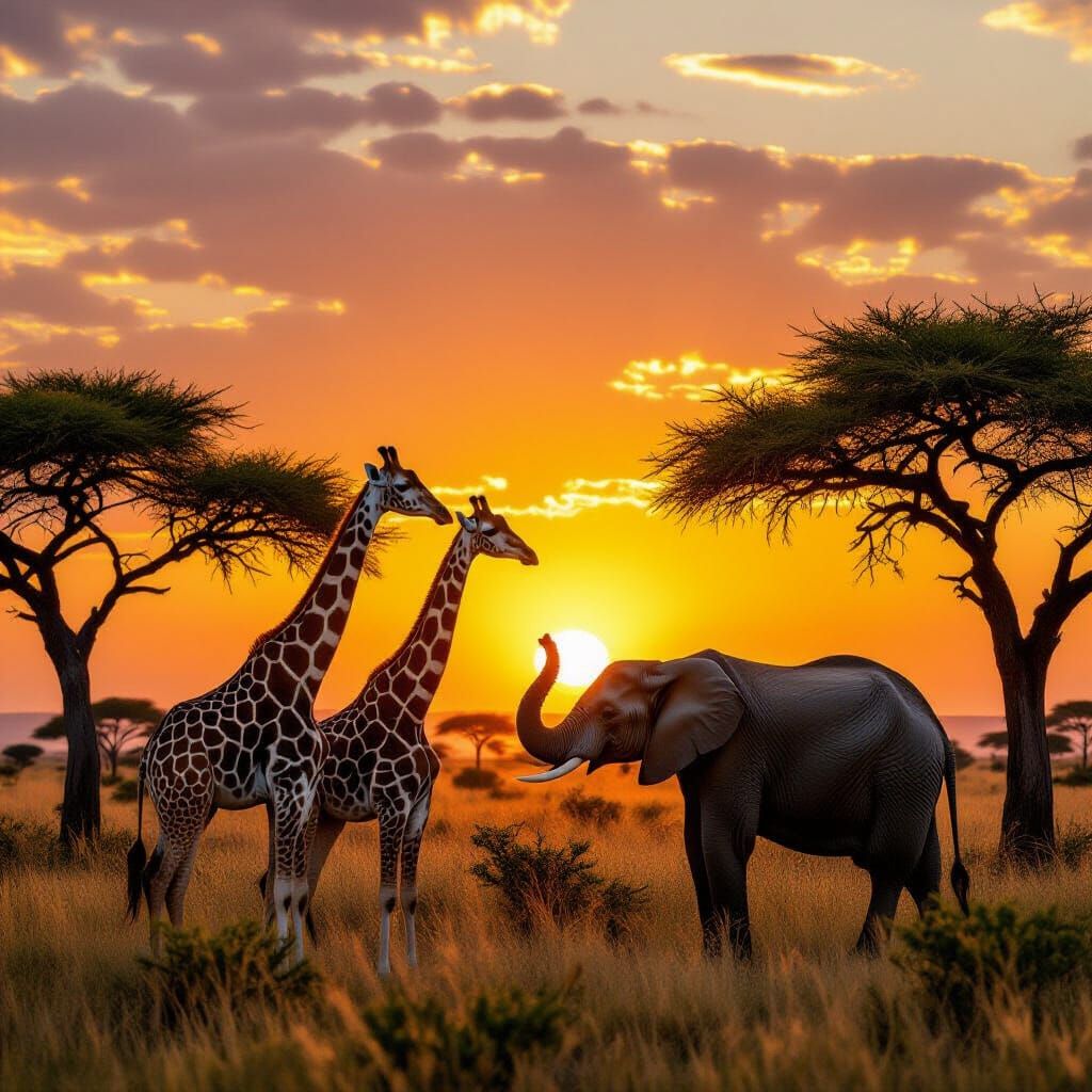 Savanna Sunrise with Giraffes and Elephant, Photorealistic S...