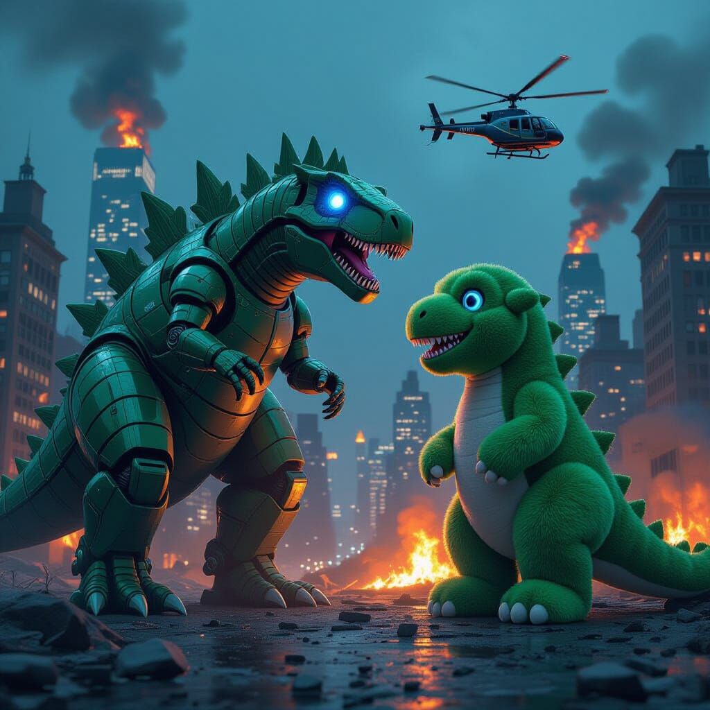 Robot Dinosaur vs Stuffed Dinosaur in Apocalyptic City