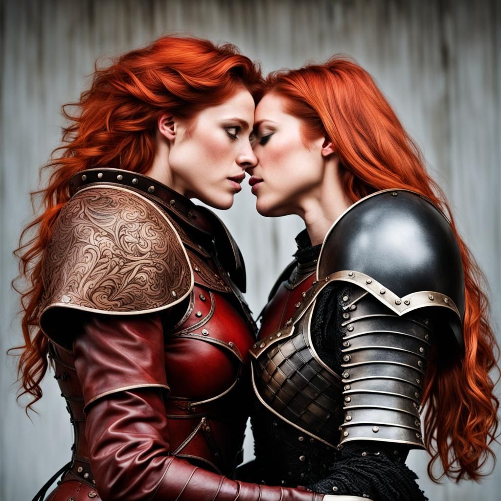 Two Red-Haired Women Kissing in Leather Armor