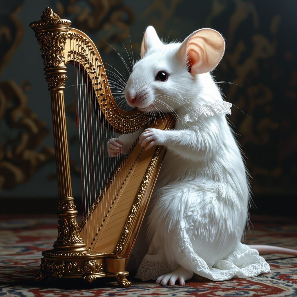 Giant Mouse Plays Harp in Rococo Style