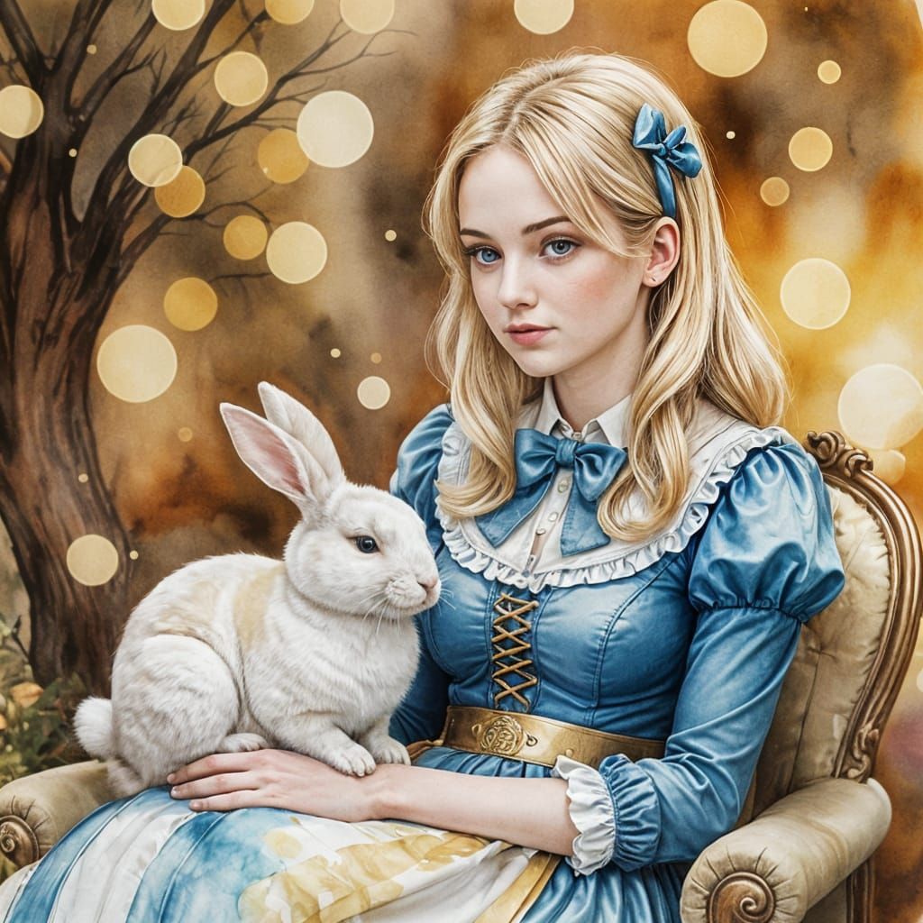 Alice in Whimsical Watercolor as a Sitter with a White Rabbi...