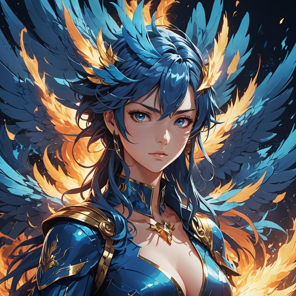 Stunning Blue Phoenix in Anime Style