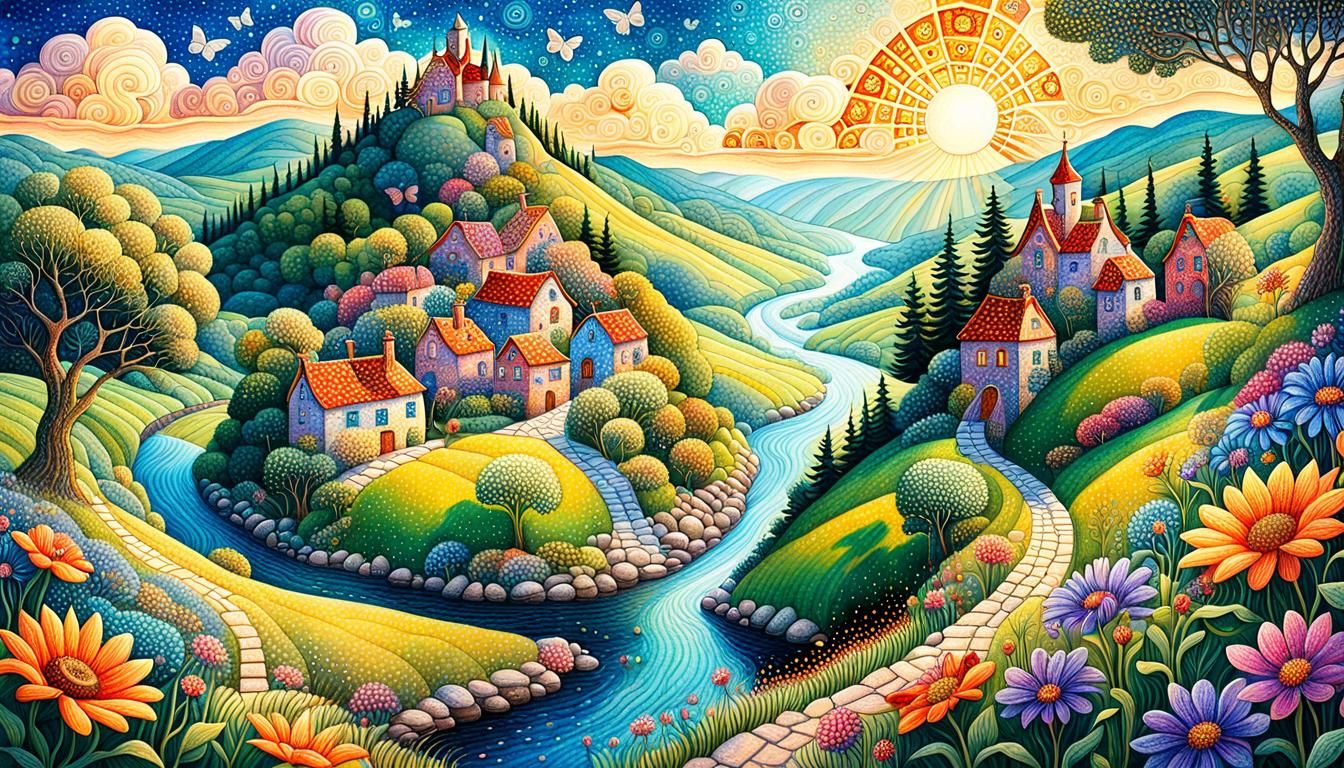 Whimsical Naive-Style Village Illustration in Storybook Styl...