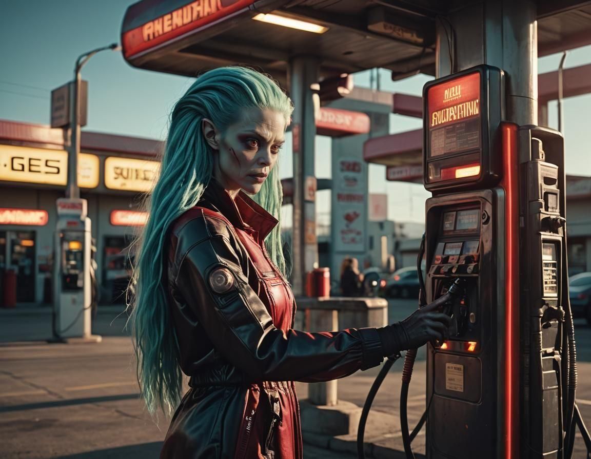 Alien Gas Station Attendant: Cinematic Film Still