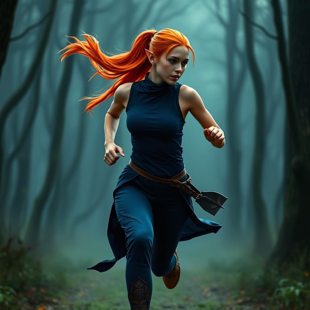 Vibrant Elf Druid in Misty Forest, Hyperrealistic Style