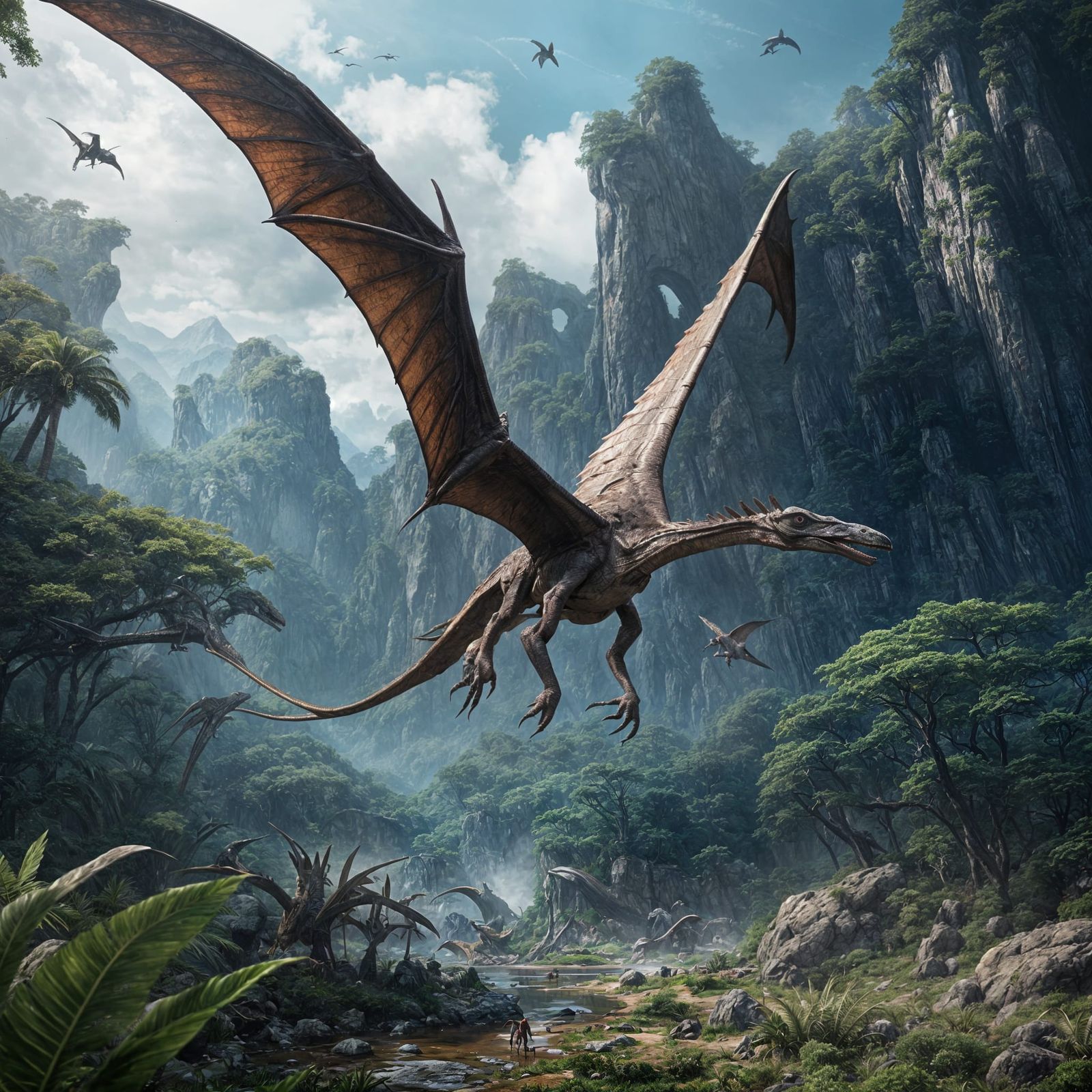 Pterodactyl Flight in Jurassic Period: Detailed Matte Painti...