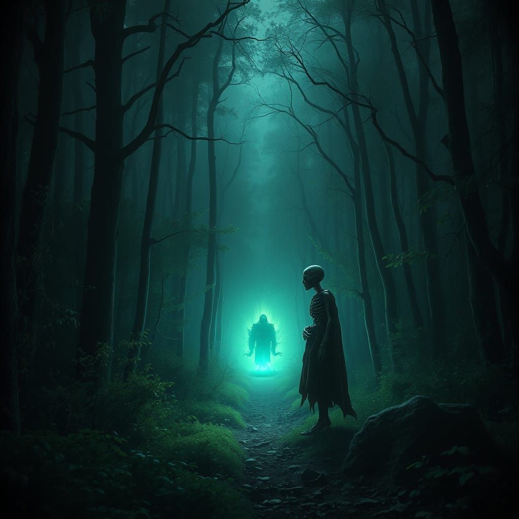 Ethereal Forest Scene with Gaunt Figure