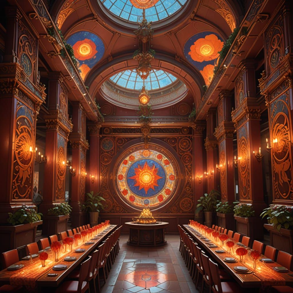 Ruby Flame Feast Hall: Ethereal Interior Concept Art