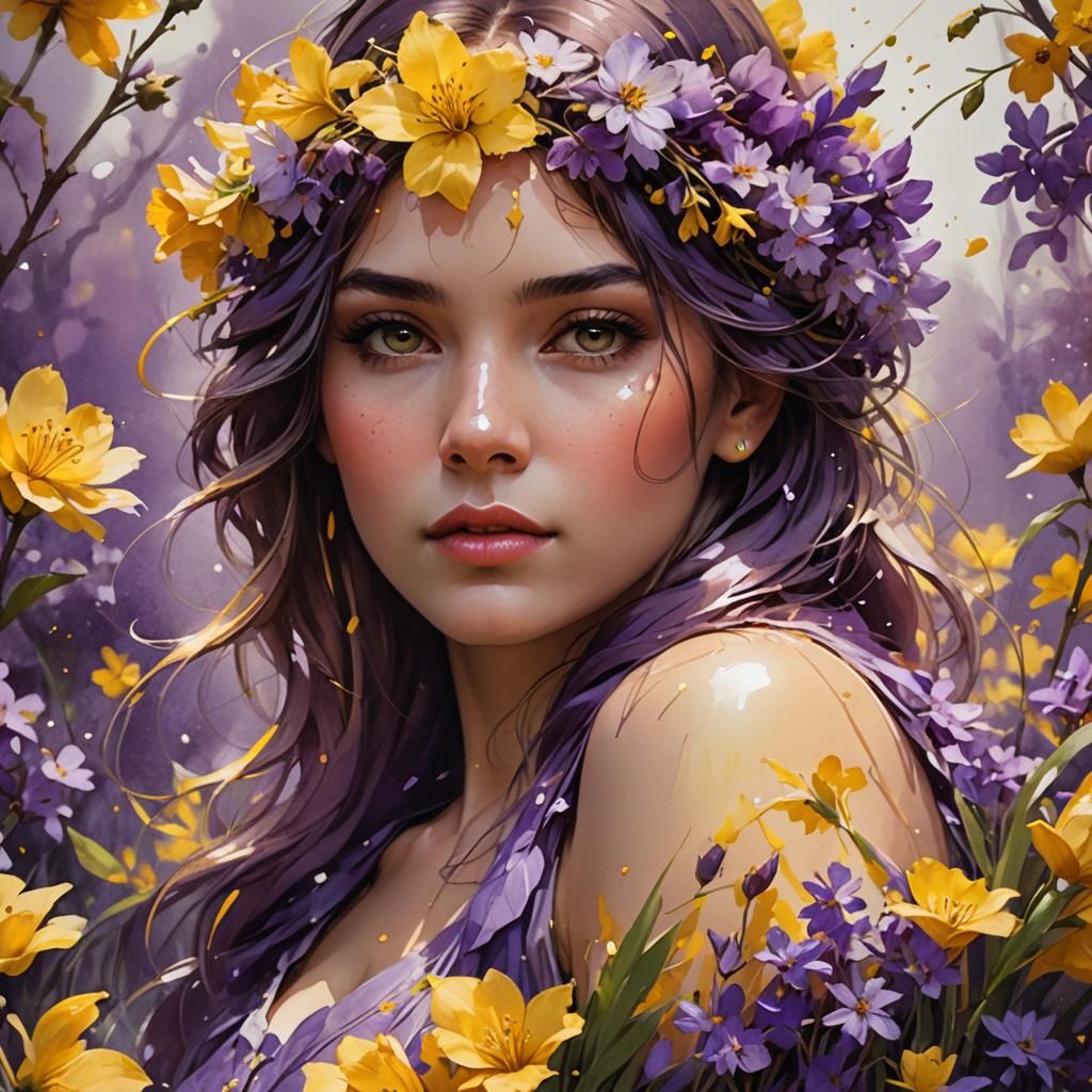 Woman in Spring Flowers: Wet Watercolor Portrait