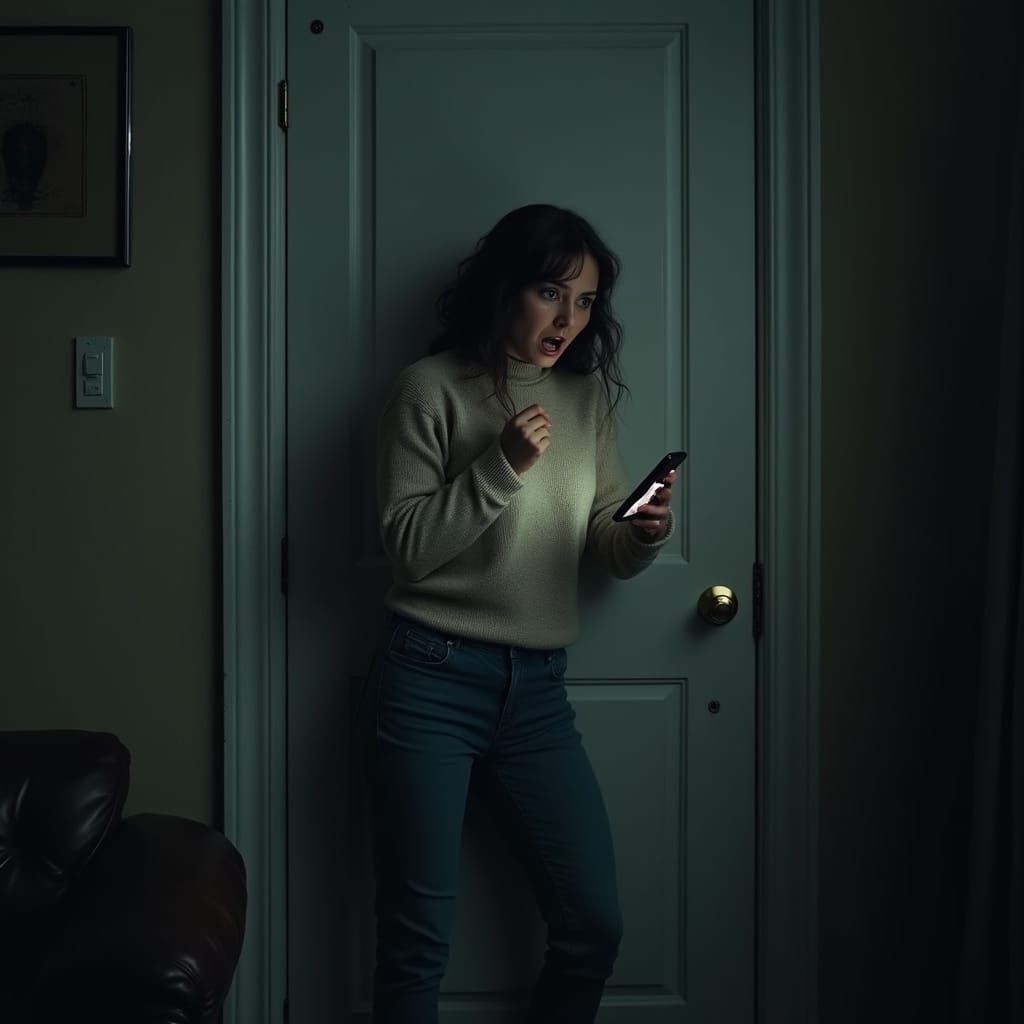 Frightened Woman in Dimly Lit Room, Cinematic Style