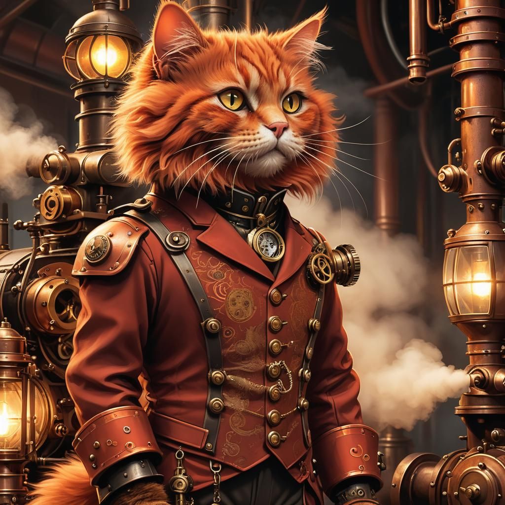 Steampunk Cat in Victorian Industrial Scene