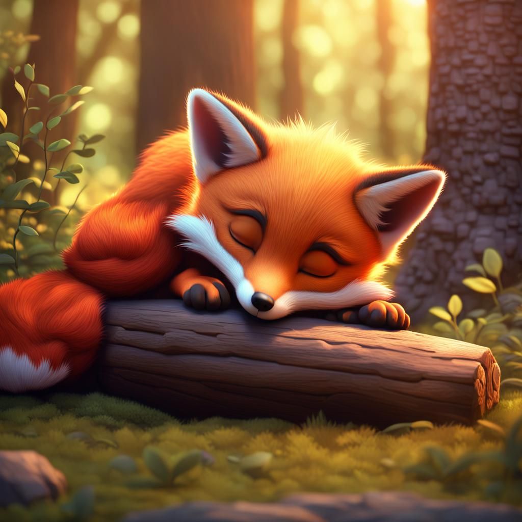 Cute Fox Kit Asleep in Woods: 3D Digital Art
