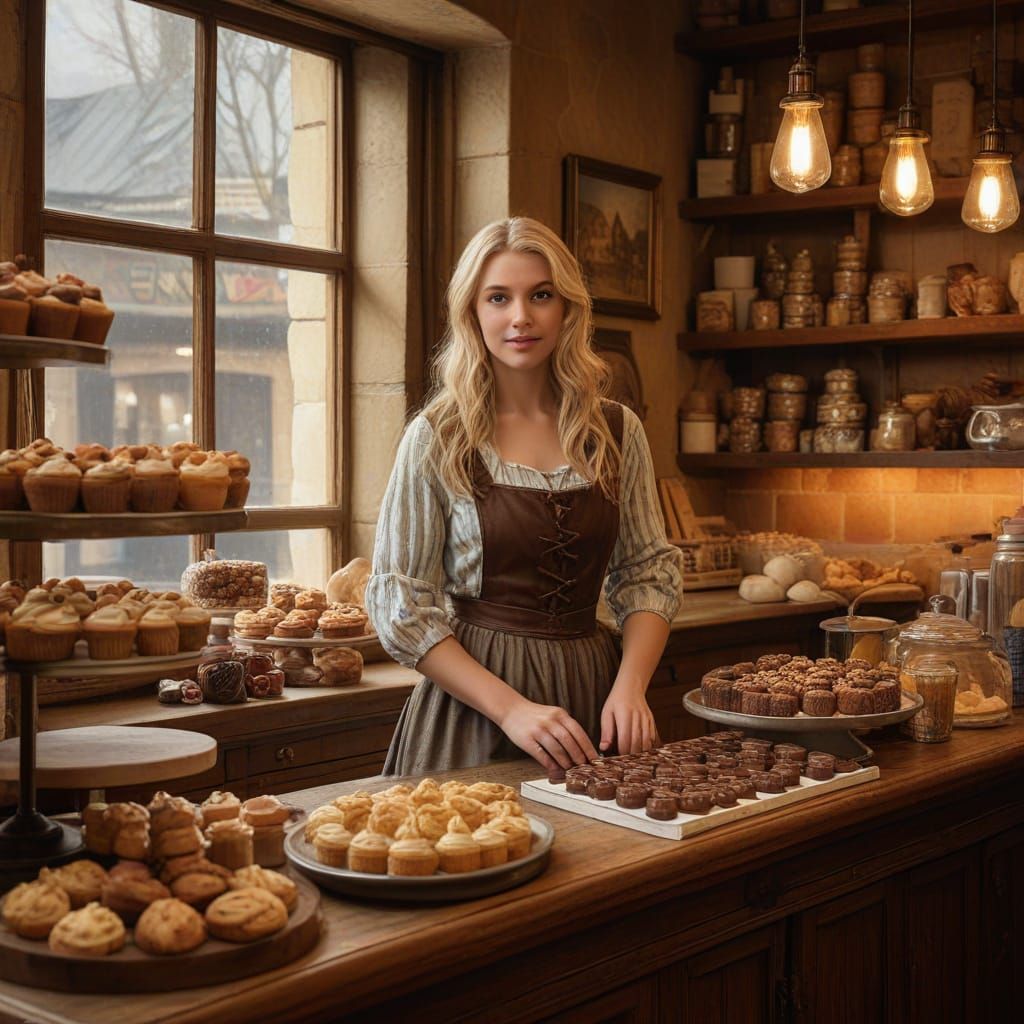 Medieval Bakery Scene with Baker in Oil Painting Style