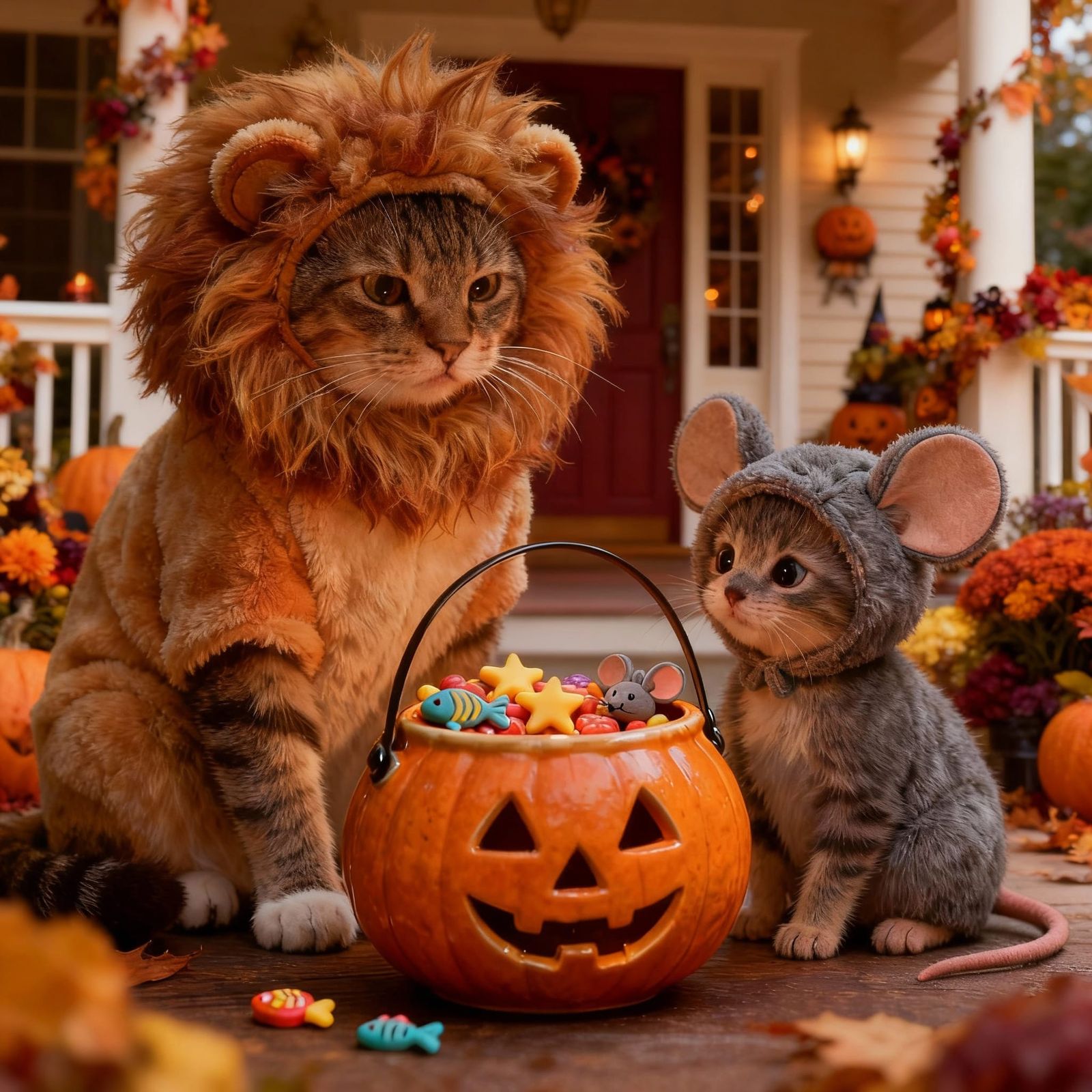 Cozy Halloween Scene: Cat Family in Costumes