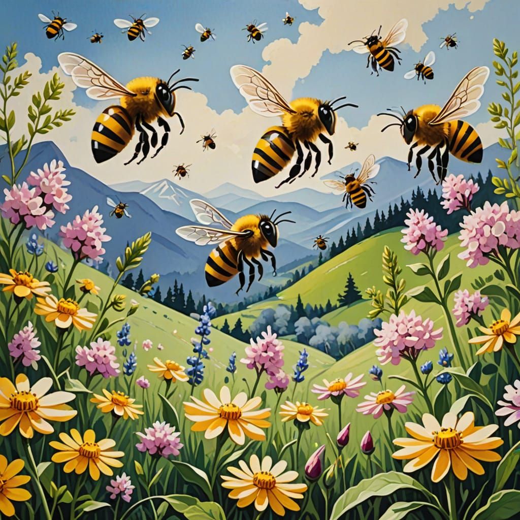 Bees in Vibrant Spring Landscape