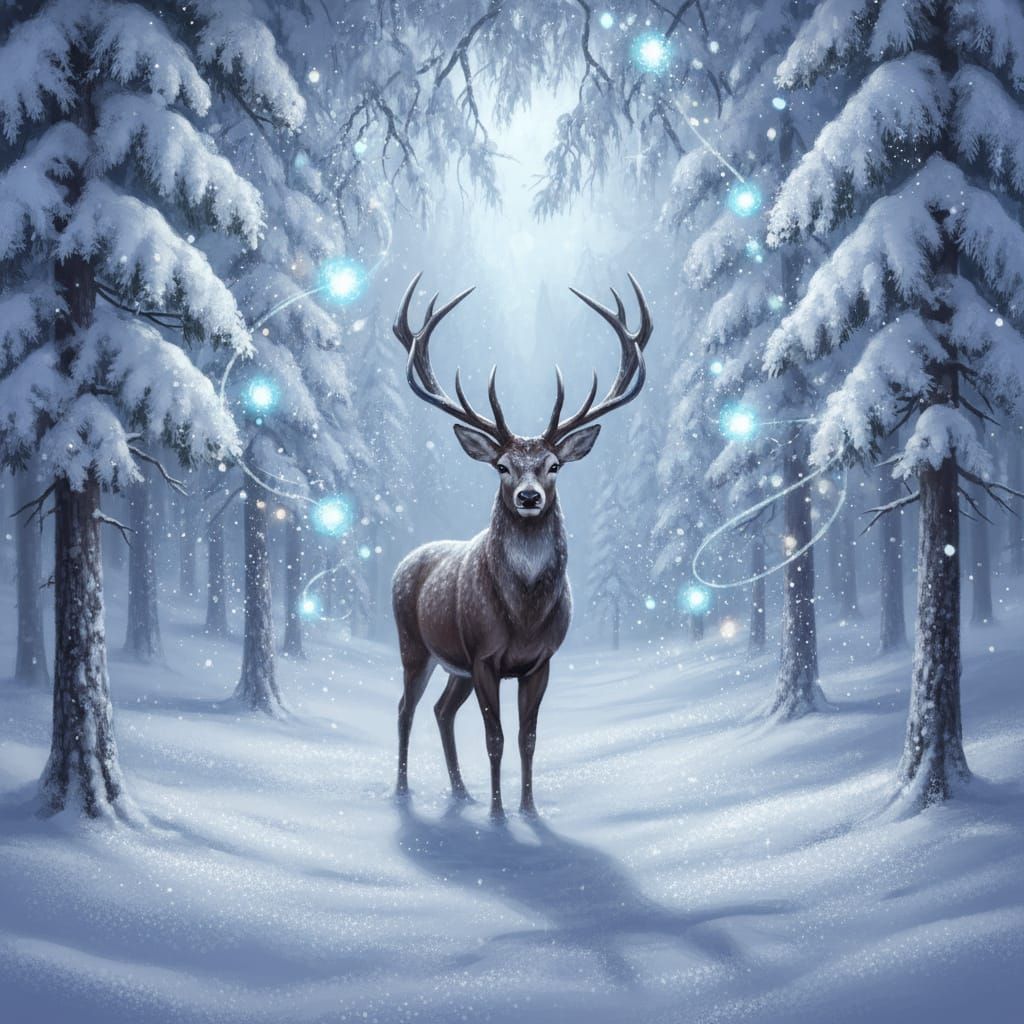 Majestic Deer in Moonlit Snowy Forest Wonderland