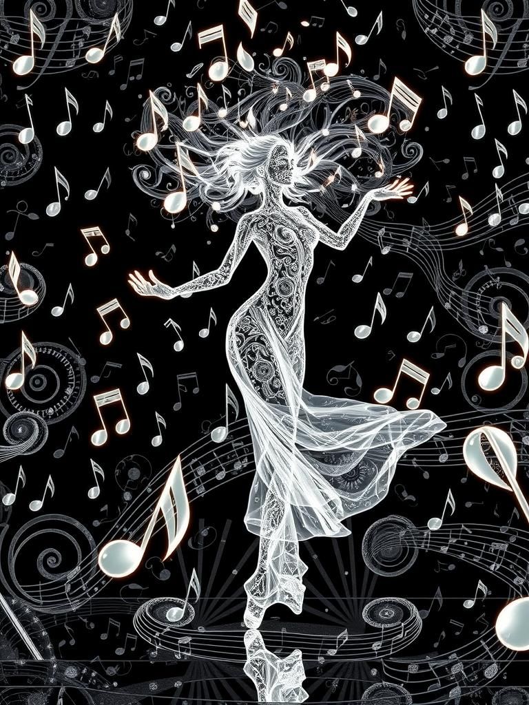 Luminescent Woman Formed from Musical Notes