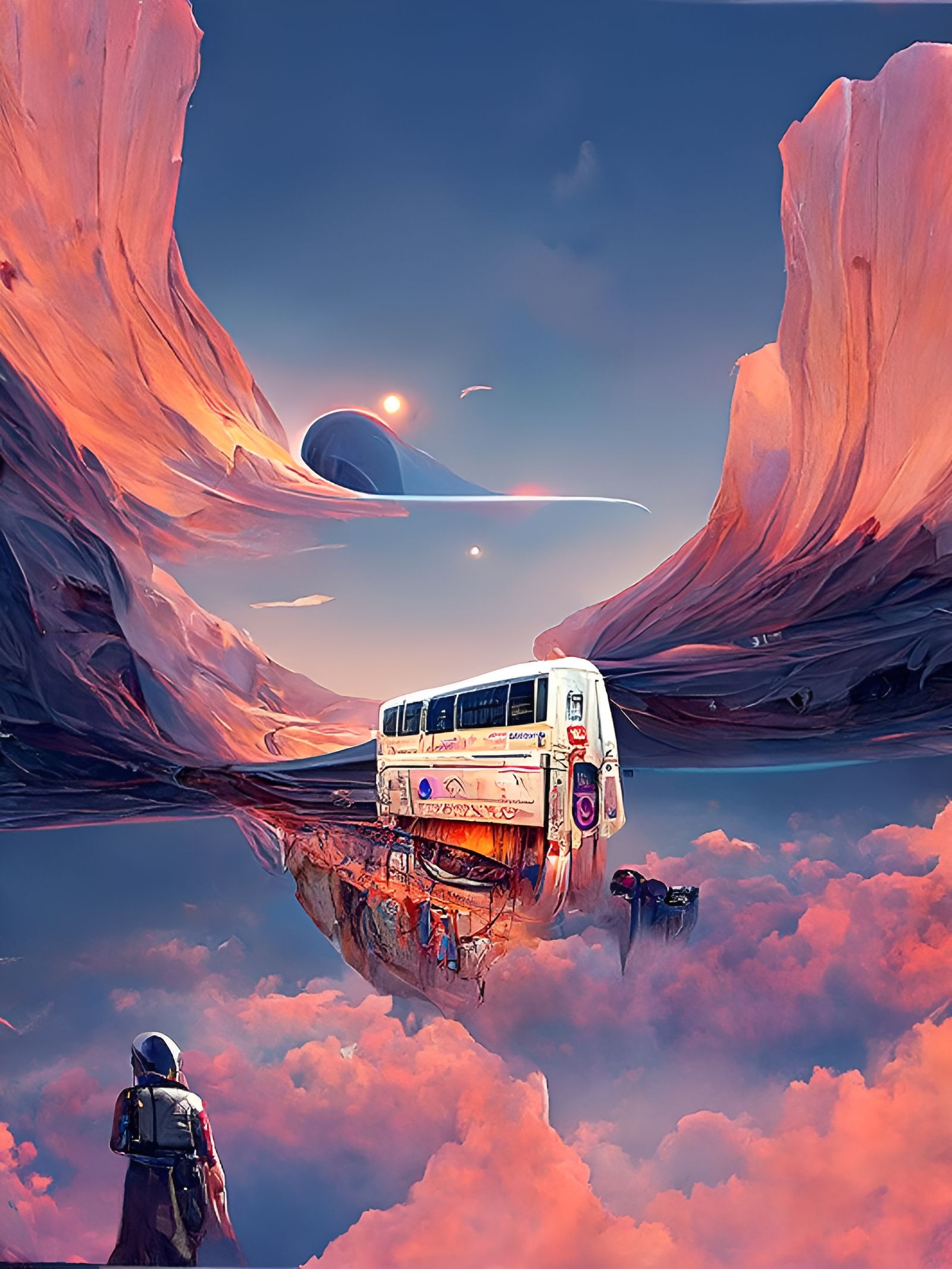 Cosmic Bus Journey Through the Galaxy in Vaporwave Style