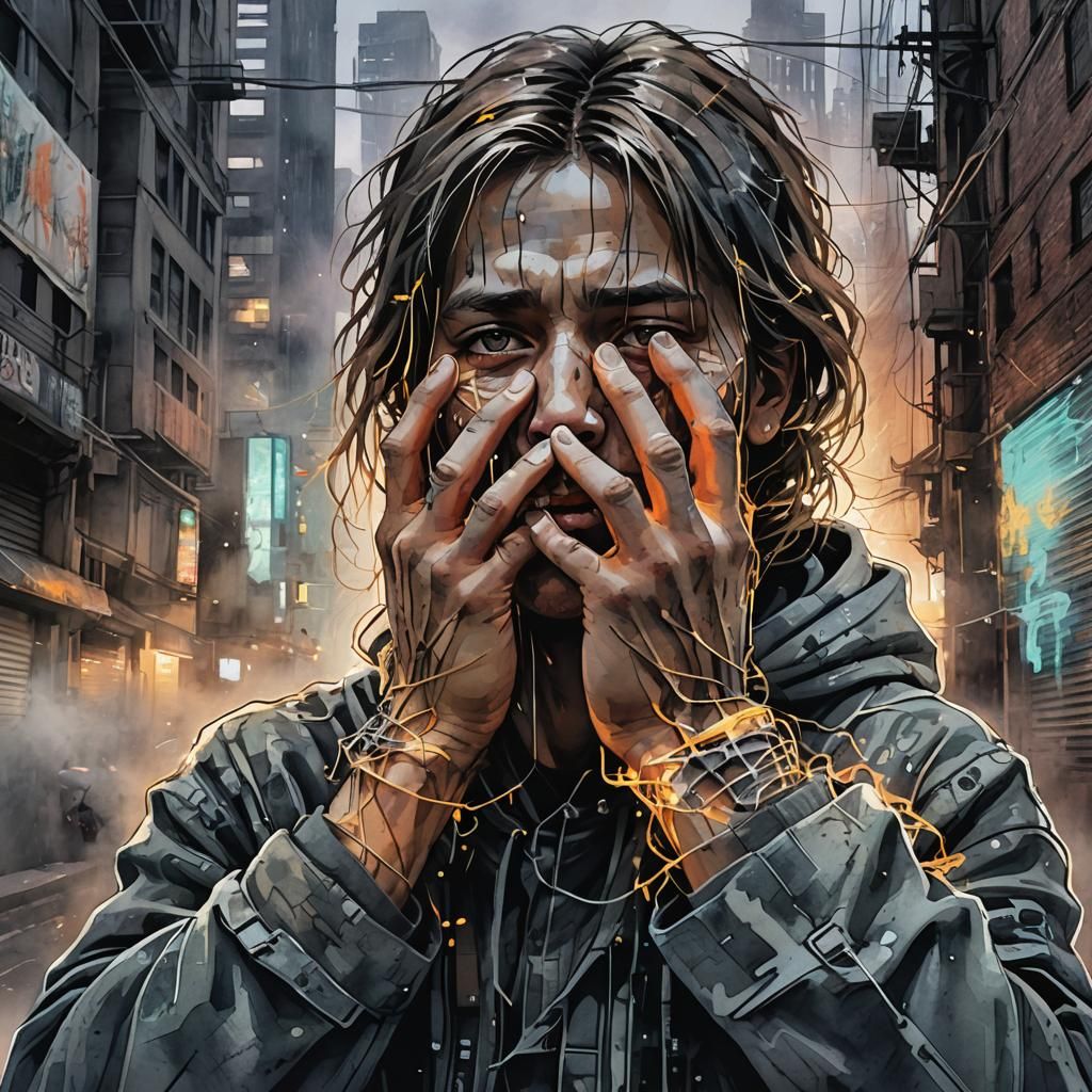 Despair-Weaver: Graffitipunk Digital Watercolor Portrait