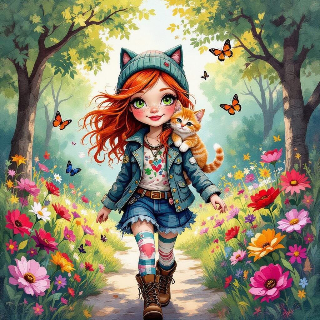 Whimsical Collage of Punk Girl and Kitten in Park