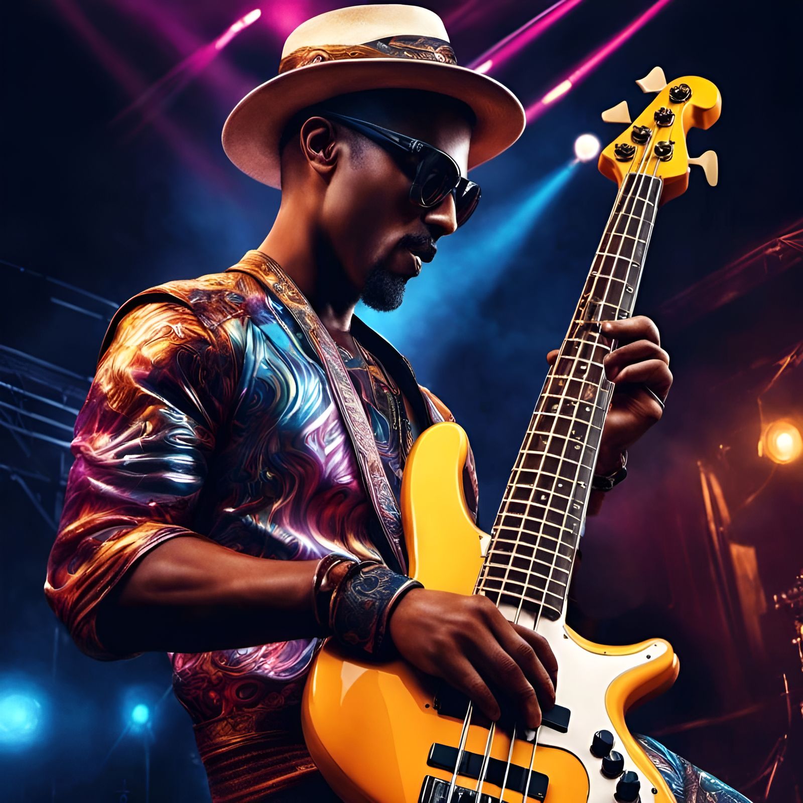 Passionate Funk Bass Player in Comic Book Style