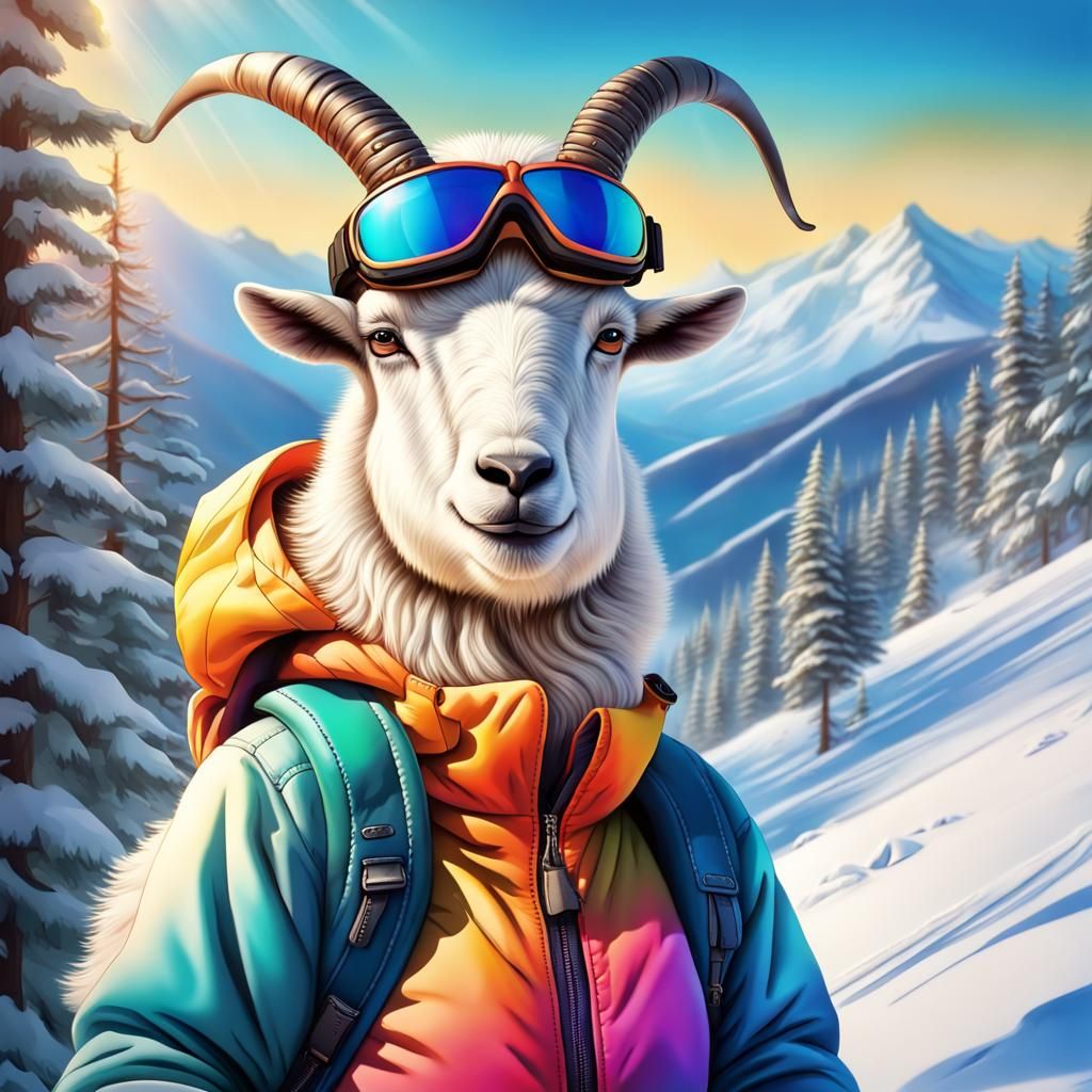 Airbrush Art of a Mountain Goat Skiing