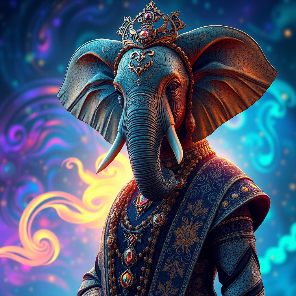 Regal Elephant Woman in Dreamlike Landscape